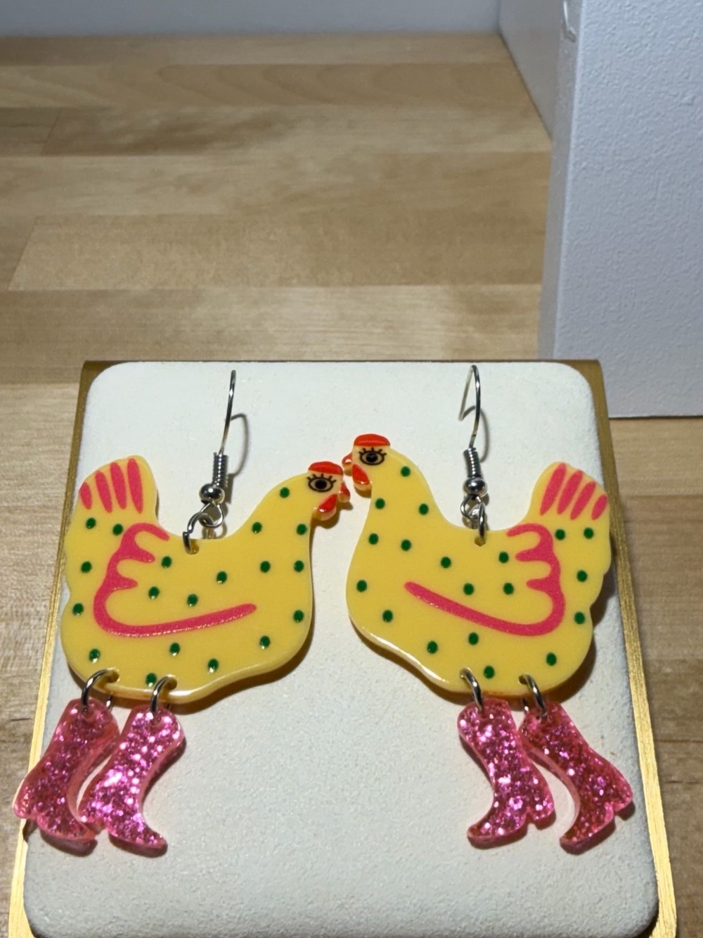 Handmade Yellow Chicken Dangle Earrings with Pink Glitter Boots